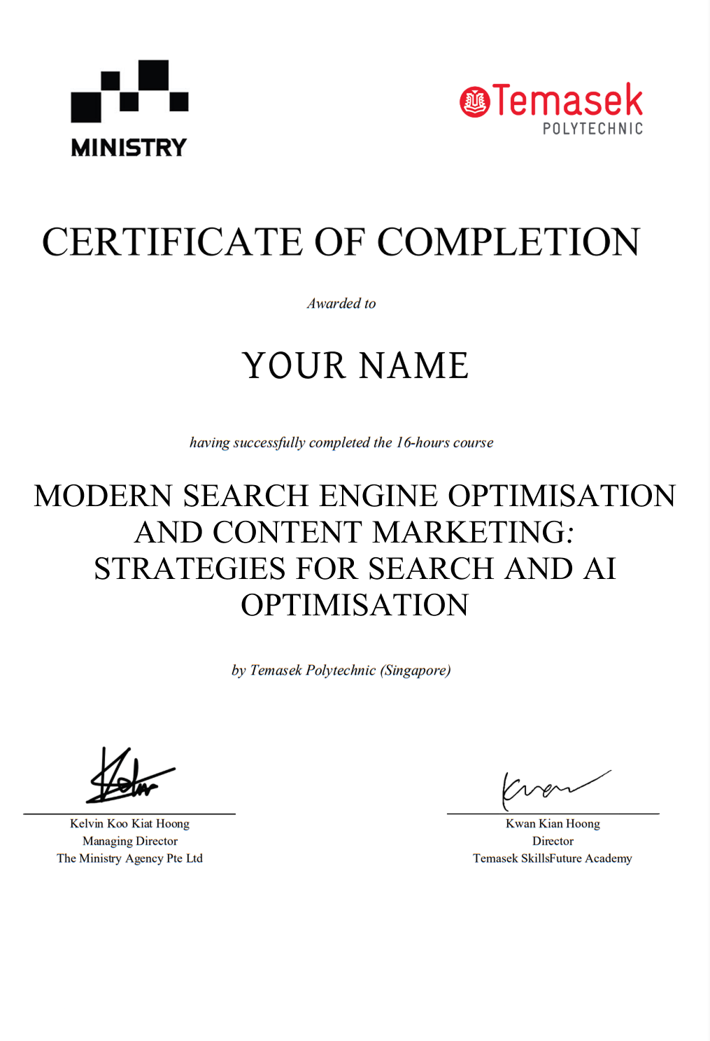 Certificate Modern Search Engine Optimisation and Content Marketing Strategies for Search and AI Optimisation