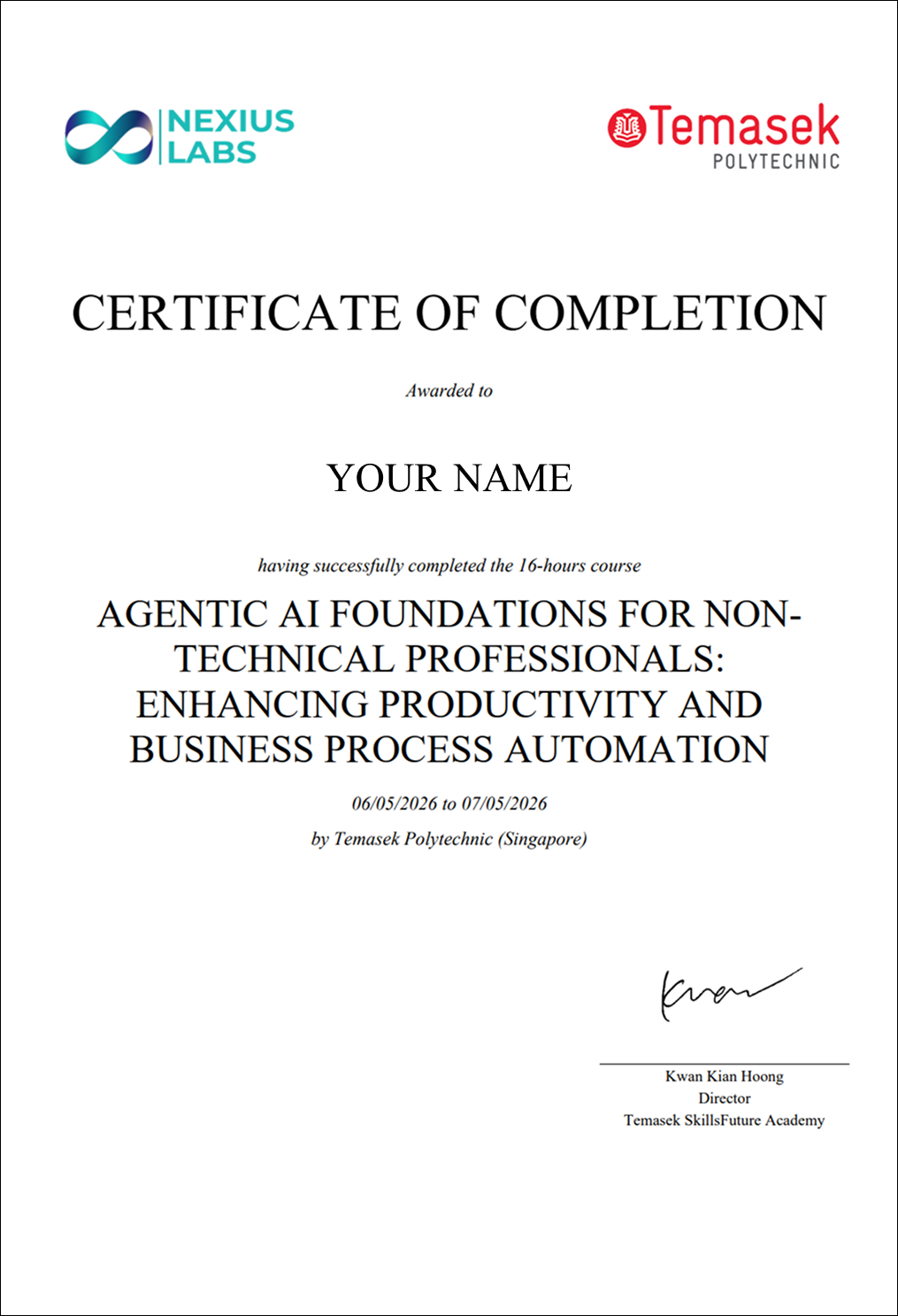 Certificate NEXIUS Agentic AI Foundations for Non Technical Professionals